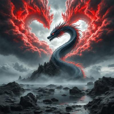 Primary subject: A dragon with a heart-shaped body.

Setting/background: A dark, cloudy sky.

Visual style: Digital art.

Colors and mood: The dragon is red and orange, creating a fiery and intense atmosphere.